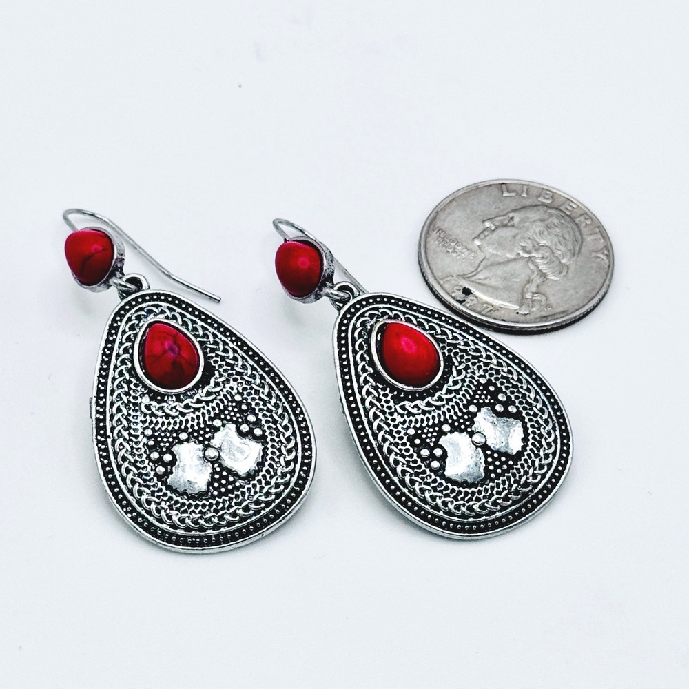 Vintage Silver Tone Red Cabochon Drop Earrings Boho Tribal Dangle Bohemian Retro - Picture 6 of 6